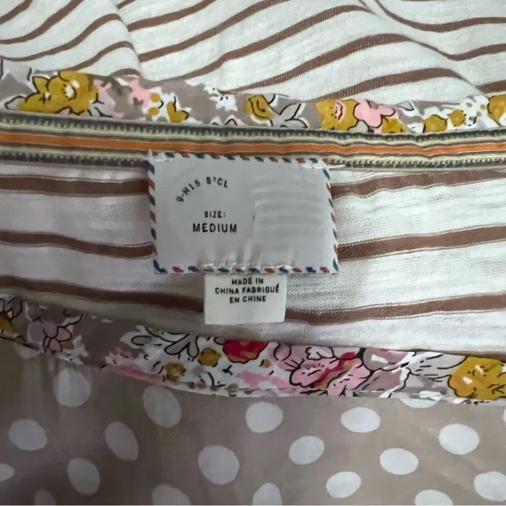 Anthropologie Beige and White Polka Dot Mixed-Pattern Blouse